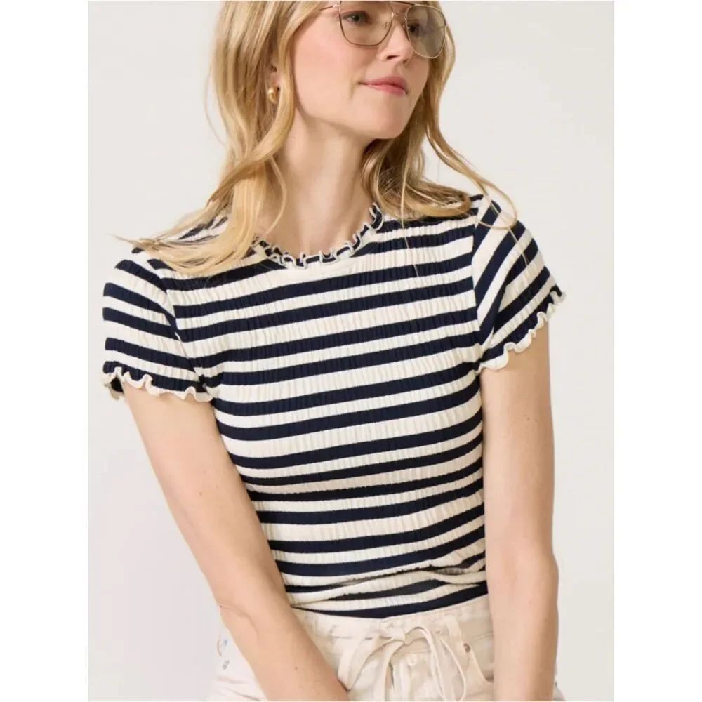 Nation LTD Natalia Top NWT WomensXS Striped Rib Knit Lettuce Edge Tee Navy Ivory